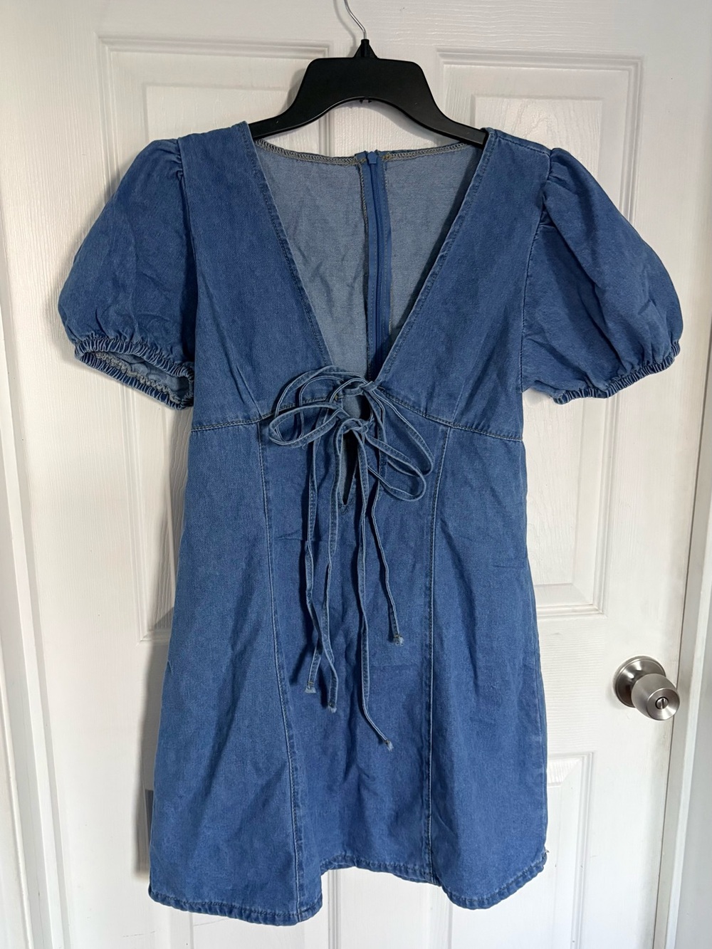 Denim Tie-Front Puff Sleeve Mini Dress - Blue